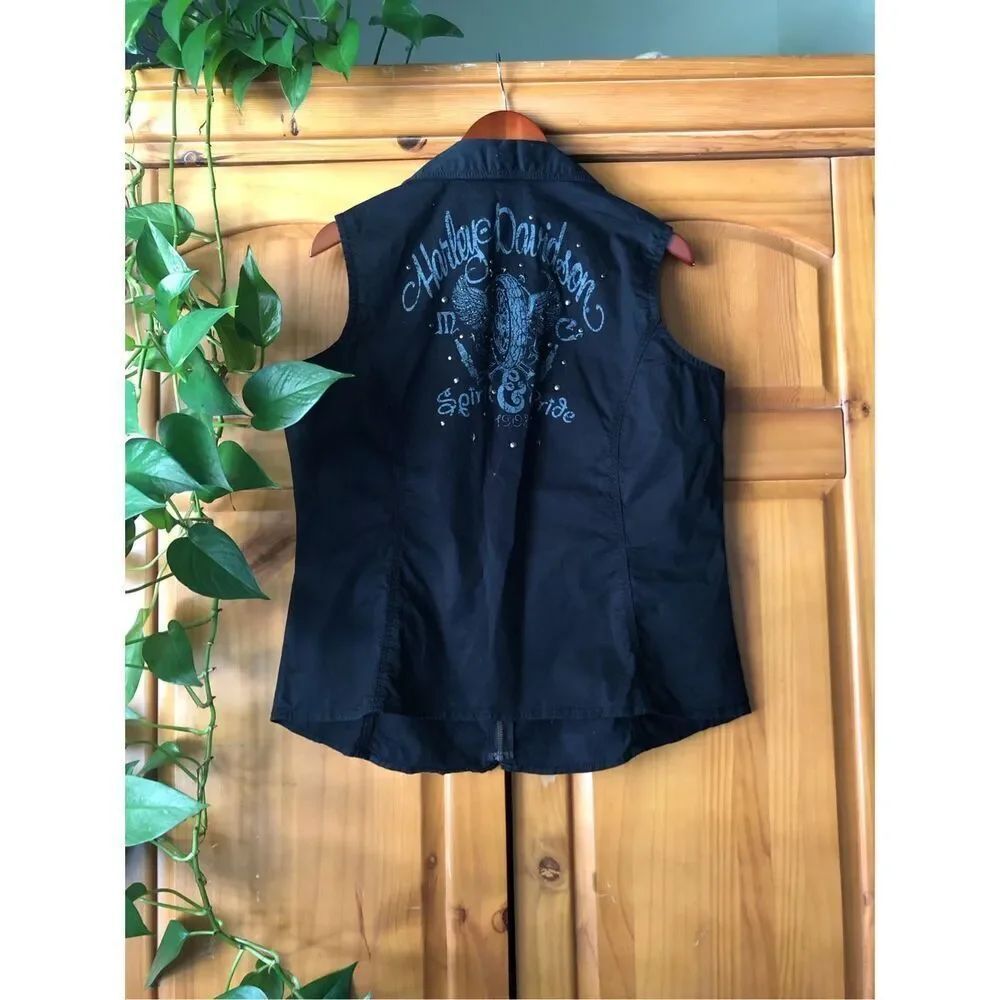 Harley Davidson Womens 1W Black Studded Moto Vest Graphic Back - Picture 6 of 14
